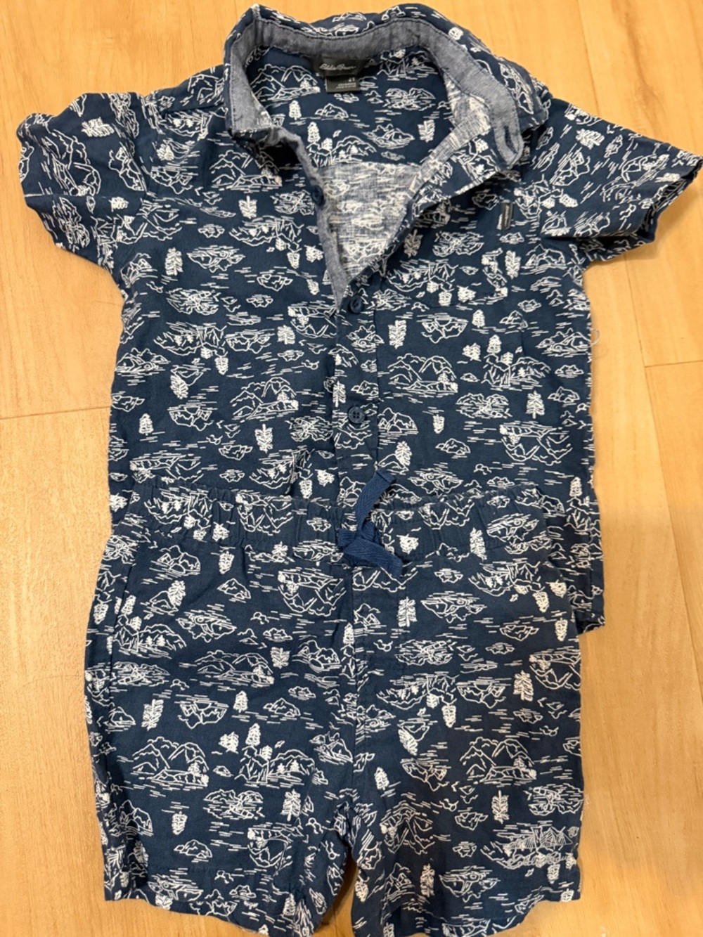 Eddie Bauer Navy Scenic Print Button-Front Short Romper